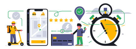 Online food delivery service. The courier hands over a successfully completed order and receives a five-star rating. Payment by credit card, money, food, mobile phone, street map. Vector illustration.のイラスト素材
