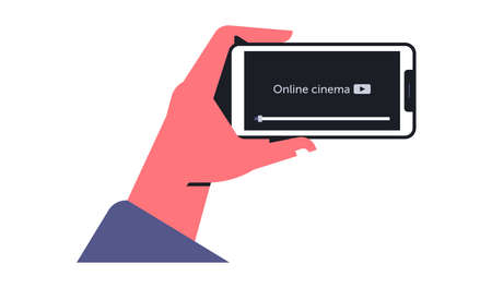 Male hand holding a telephone. Watching a movie online, cinema on your phone, mobile application,...