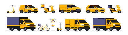 A set of transport for an online food delivery service and parcels to your home. Transport for delivery of orders. Scooter, moto, bike, car, van, cargo, truck, bicycle, drone. Vector illustration.のイラスト素材