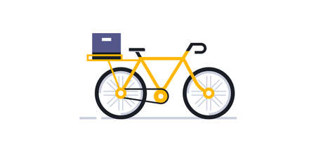 A bicycle for an online delivery service for parcels and food to your home. Yellow bike postman side view. Cycle, bike, wheel, box, parcel. Vector illustration isolated on white background.のイラスト素材