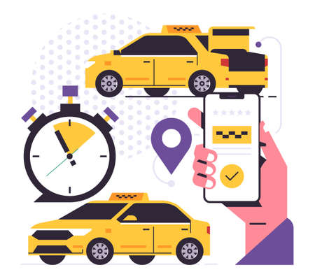 Taxi ordering service mobile application concept. A hand holding a phone with booking a taxi on the display. Car front and back, trunk, stopwatch, gps point, pin, icon, sign. Flat vector illustration.のイラスト素材