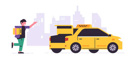 Online taxi ordering service. A driver in a yellow taxi, a passenger, transportation of people. Running man with a suitcase, city, cab. Vector illustration isolated on background.のイラスト素材