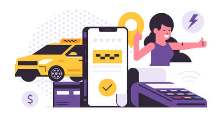 Taxi ordering service mobile application concept. Phone with application for ordering a taxi on display. Successful online payment for the city cab service. Yellow car, happy woman. Flat illustrationのイラスト素材