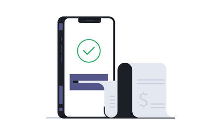 Successful contactless payment for purchases through a mobile application. Payment check, phone, app, safe, smart, money, paper. Vector illustrationのイラスト素材
