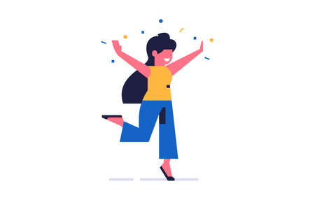 A happy woman stands on one leg and spreads her arms to the sides with joy. The girl has happy emotions. Flat vector illustration isolated on background.のイラスト素材