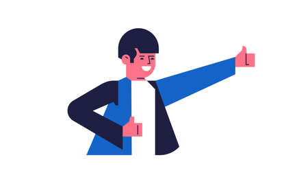 Happy man shows thumbs up and rejoices. Joyful man shows like symbol. Flat vector illustration isolated on backgroundのイラスト素材