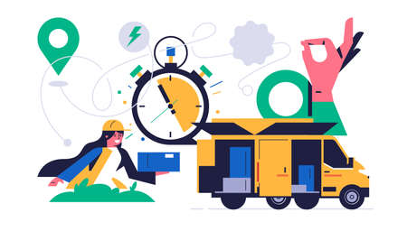 Online parcel delivery service concept. Online service for fast delivery of parcel to your home. Happy courier girl with order box from yellow courier truck with boxes. Flat vector illustrationのイラスト素材