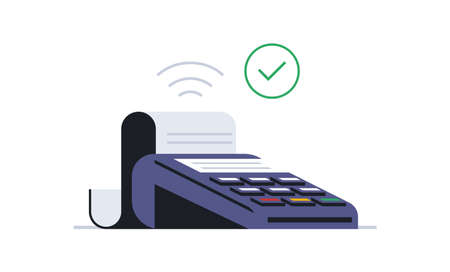 Successful contactless payment for your purchase. The payment terminal issued a check. Safe, pay, money, paper, terminal, cash, nfc. Vector illustrationのイラスト素材