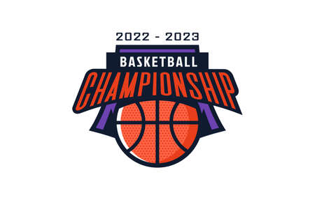 Logo, emblem of the basketball championship. Colorful emblem of the championship with the ball on the background of the shield. Basketball sport tournament logo template. Isolated vector illustrationのイラスト素材