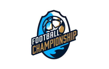 Emblem of the football championship. Colorful emblem of the championship with the ball on the background of the shield. Football sport tournament  template. Isolated vector illustrationのイラスト素材