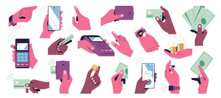 Set of hands making payment. Contactless payment by phone, bank card, watch, devices with nfs. Terminal, wallet, banknotes, coins, phone screen, online money transfers, banking. Vector illustrationのイラスト素材