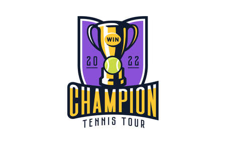 emblem of a tennis champion. Colorful emblem of the cup with a ball and rackets on the background of the shield.のイラスト素材
