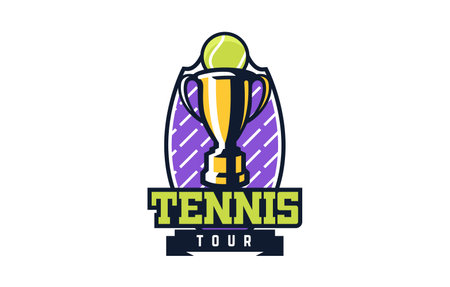 emblem of the tennis tour. Colorful emblem of the championship cup with a ball on the background of the shield.のイラスト素材