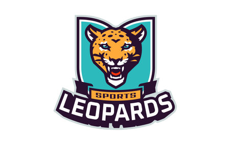 Sports logo with leopard mascot. Colorful sport emblem with leopard mascot and bold font on shield background. Logo for esport team, athletic club, college team. Isolated vector illustrationのイラスト素材