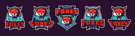Set of sports logos with fox mascots. Colorful collection sports emblem with fox mascot and bold font on shield background. Logo for esport team, athletic club. Isolated vector illustrationのイラスト素材