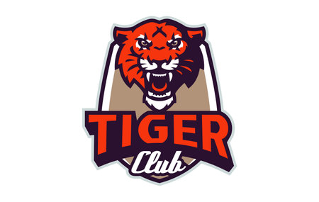 Sports logo with tiger mascot. Colorful sport emblem with tiger mascot and bold font on shield background. Logo for esport team, athletic club, college team. Isolated vector illustrationのイラスト素材