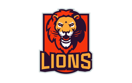 Sports logo with lion mascot. Colorful sport emblem with lion, leo mascot and bold font on shield background. Logo for esport team, athletic club, college team. Isolated vector illustrationのイラスト素材