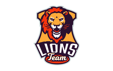 Sports logo with lion mascot. Colorful sport emblem with lion, leo mascot and bold font on shield background. Logo for esport team, athletic club, college team. Isolated vector illustrationのイラスト素材