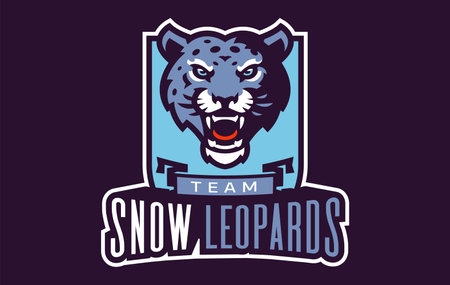 Sports logo with snow leopard mascot. Colorful sport emblem with snow leopard mascot and bold font on shield background. Logo for esport team, athletic club, college team. Vector illustrationのイラスト素材