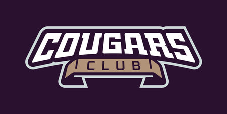 Bold sports font for cougar mascot logo. Text style lettering for esport, cougar mascot logo, sport team, college club. Font on ribbon. Vector illustration isolated on background.のイラスト素材