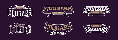 A set of bold fonts for cougar mascot logo. Collection of text style lettering for esports, mascot logo, sports team, college club logo. Font on ribbon. Vector illustration isolated on backgroundのイラスト素材