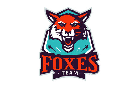 Sports logo with fox mascot. Colorful sport emblem with fox mascot and bold font on shield background. Logo for esport team, athletic club, college team. Isolated vector illustrationのイラスト素材