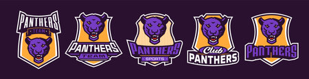Set of sports logos with panther mascots. Colorful collection sports emblem with panther mascot and bold font on shield background. Logo for esport team, athletic club. Isolated vector illustrationのイラスト素材