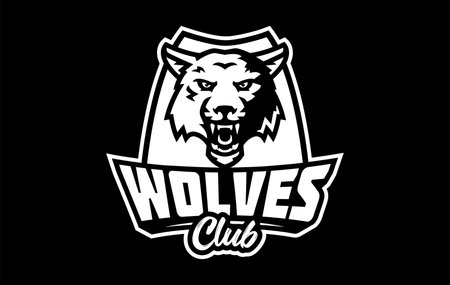 Monochrome sticker, sport logo with wolf mascot. Black and white emblem with the head of a wolf mascot on the background of a shield with a team font. Isolated vector illustrationのイラスト素材