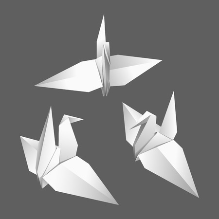 Three white paper origami birds on a gray backgroundのイラスト素材