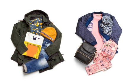 Man and woman collection. Set of jackets, jeans, sweatshirts, caps, t-shirts, scarf and bagの写真素材