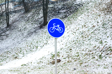 Bicycle sign in the winterの写真素材