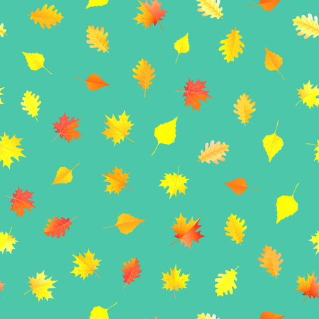 Seamless pattern with autumn yellow, green and red leaves on turquoise background. Vector ornament for design and gift paperのイラスト素材