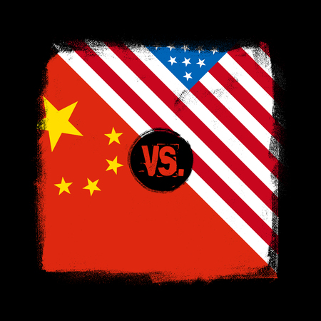 Flags of China vs USA in grunge textured design. Trade war concept. Vector illustrationのイラスト素材