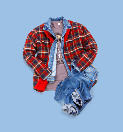 Layout of mens clothes on blue backgroundの写真素材