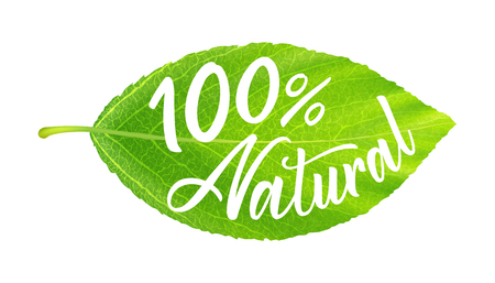 Green leaf with inscription 100 percent naturalの写真素材