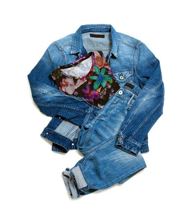 Womens denim clothing collection on gray backgroundの写真素材