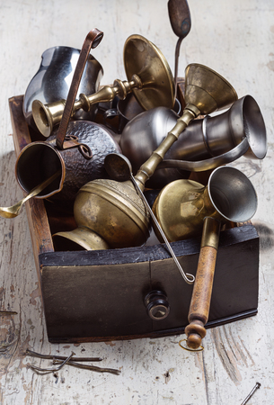 Set of kitchen utensils and household items made of metal on white background.の写真素材