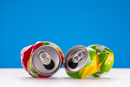 Crumpled aluminum can on a blue background. Recycling and recycling concept.
