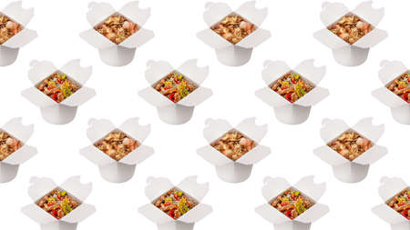 Ready meals, Chinese spiced noodles in a white cardboard box. Pattern, template, background, wallpaper.の写真素材