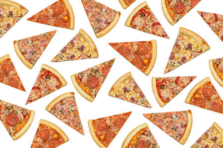 Pattern, template, wallpaper, on white. Pieces of pizza with meat, mushrooms, vegetables. Concept for flyer, poster, menu for pizzeria, isolated.の写真素材