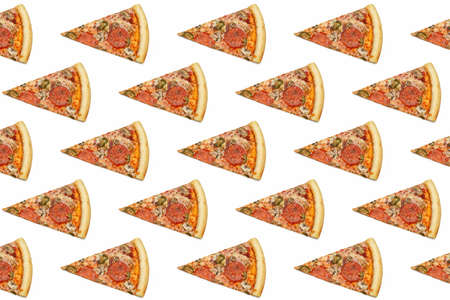 Pattern, template, wallpaper, on white. Pieces of pizza with meat, mushrooms, vegetables. Concept for flyer, poster, menu for pizzeria, isolated.の写真素材