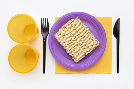Noodles in a plastic lilac plate, yellow glass, black fork and knife, top view. Disposable...