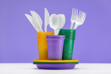 A set of multi-colored plastic picnic utensils on a lilac background. plastic recycling.の写真素材