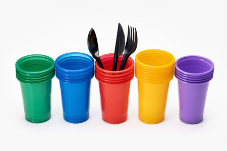 A set, in a row, of multi-colored disposable cups for drinks and cutlery. Isolated, white background.の写真素材