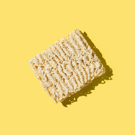 Instant noodles, briquette. Studio shot, yellow background. Isolated, close-up.の写真素材