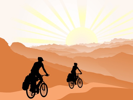 couple of cyclists travel to mountains. Silhouette. Active outdoor lifestyle conceptのイラスト素材