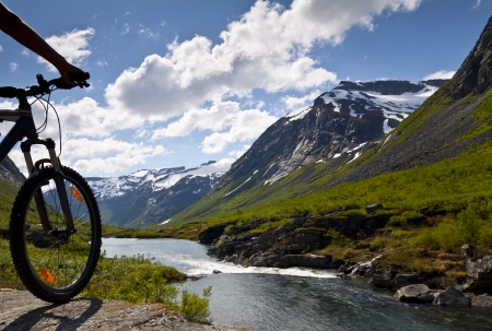 Mountain bike rider view on Norway landscapeの写真素材