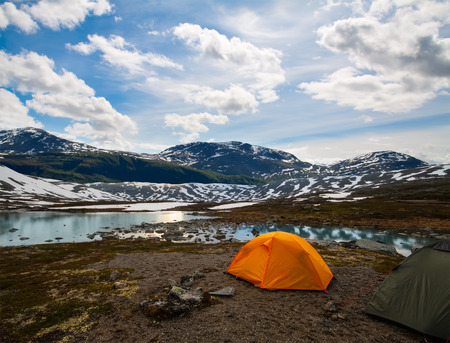 two tourist tents in mountains,  summertime, Norwayの写真素材