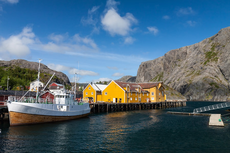Picturesque village of Nusfjord on Lofoten islands, Norway, popular tourist destinationの写真素材