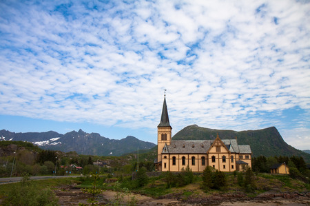 Traditional Norwegian church in Kabelvag, Lofoten islands, Norwayの写真素材